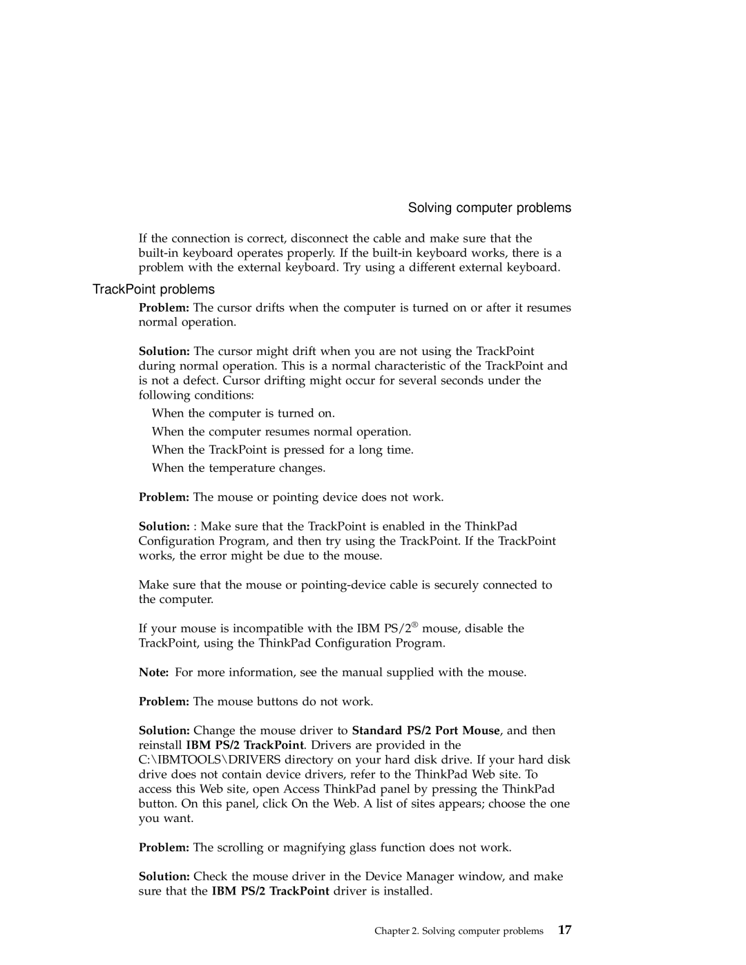 IBM A30 manual TrackPoint problems 