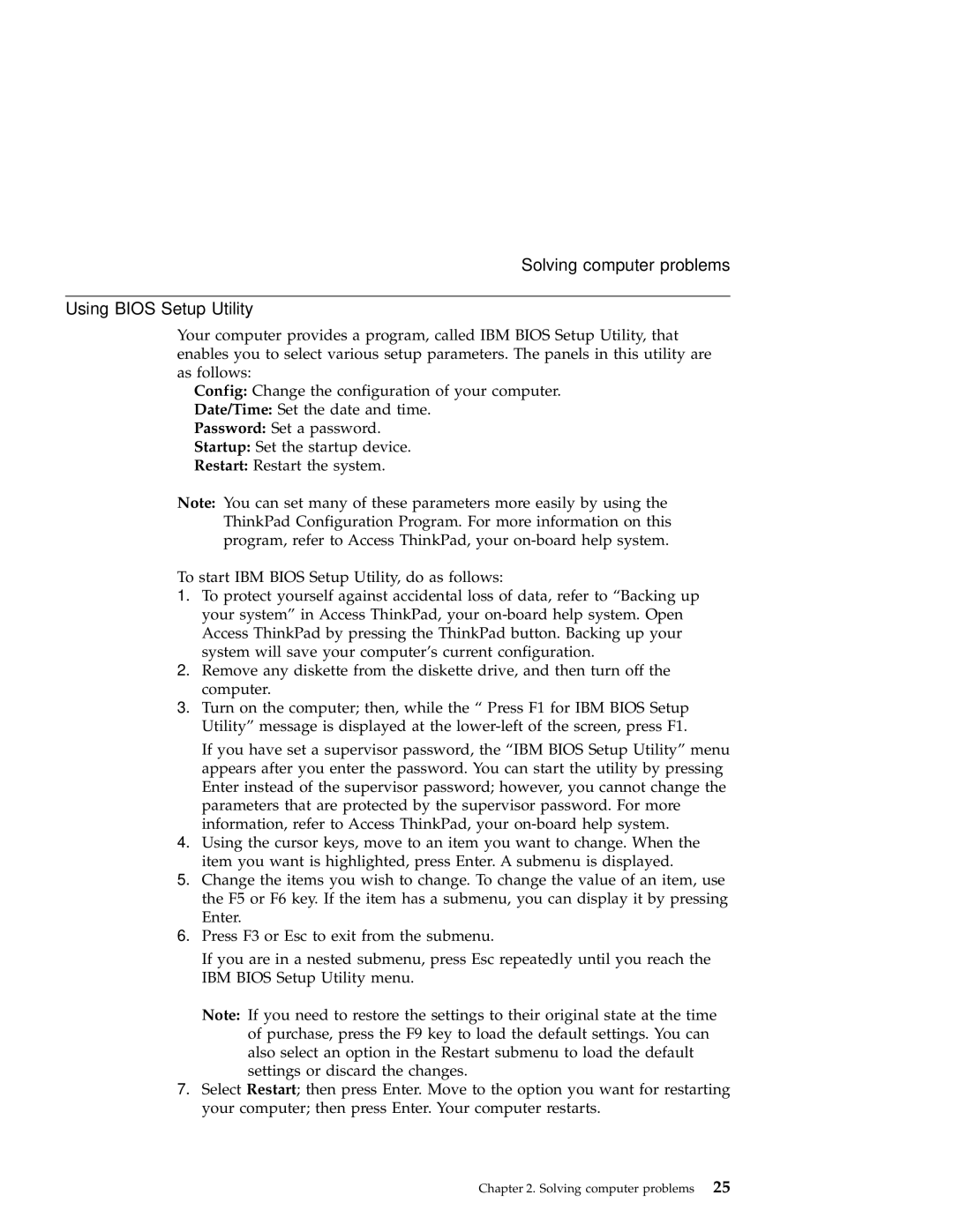 IBM A30 manual Using Bios Setup Utility 