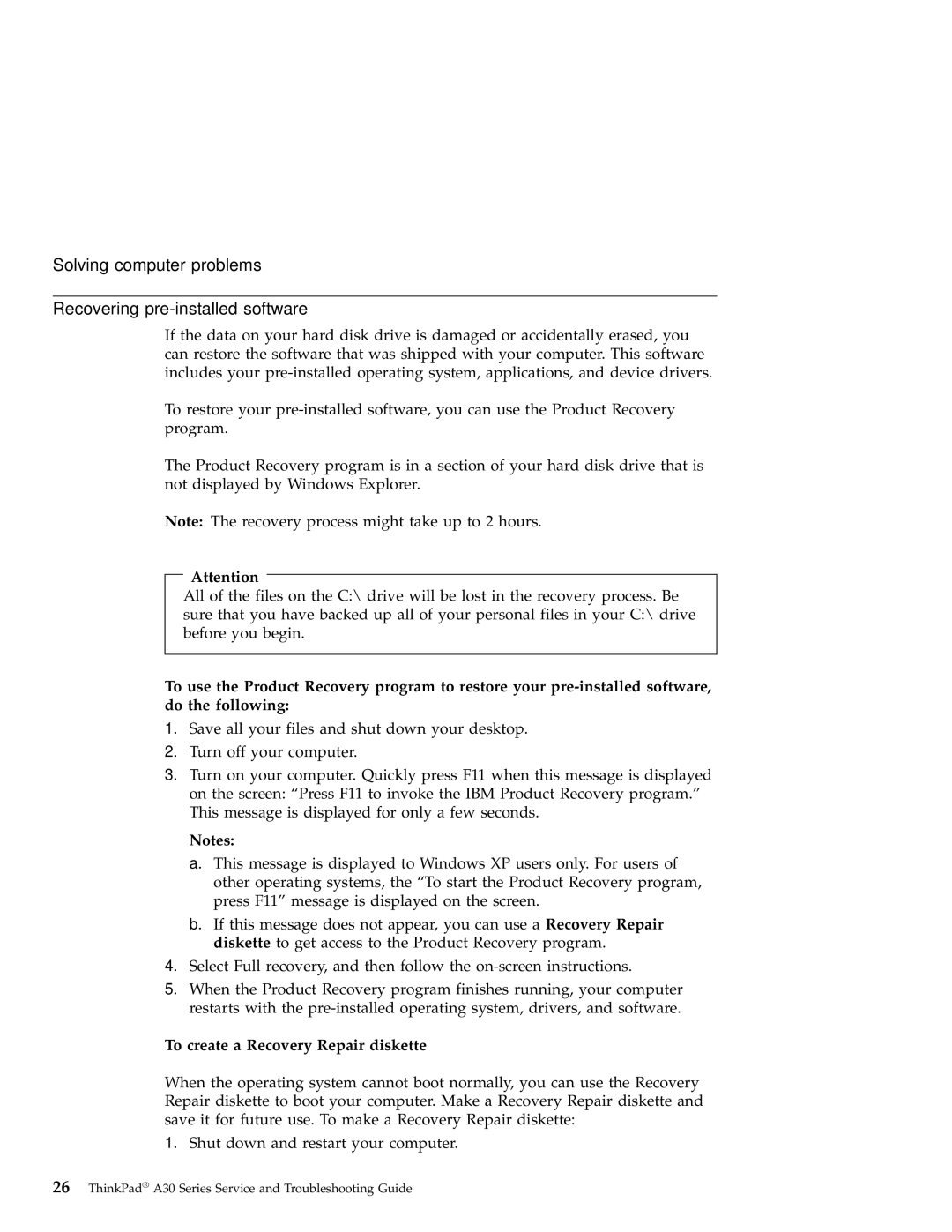 IBM A30 manual Recovering pre-installed software, To create a Recovery Repair diskette 