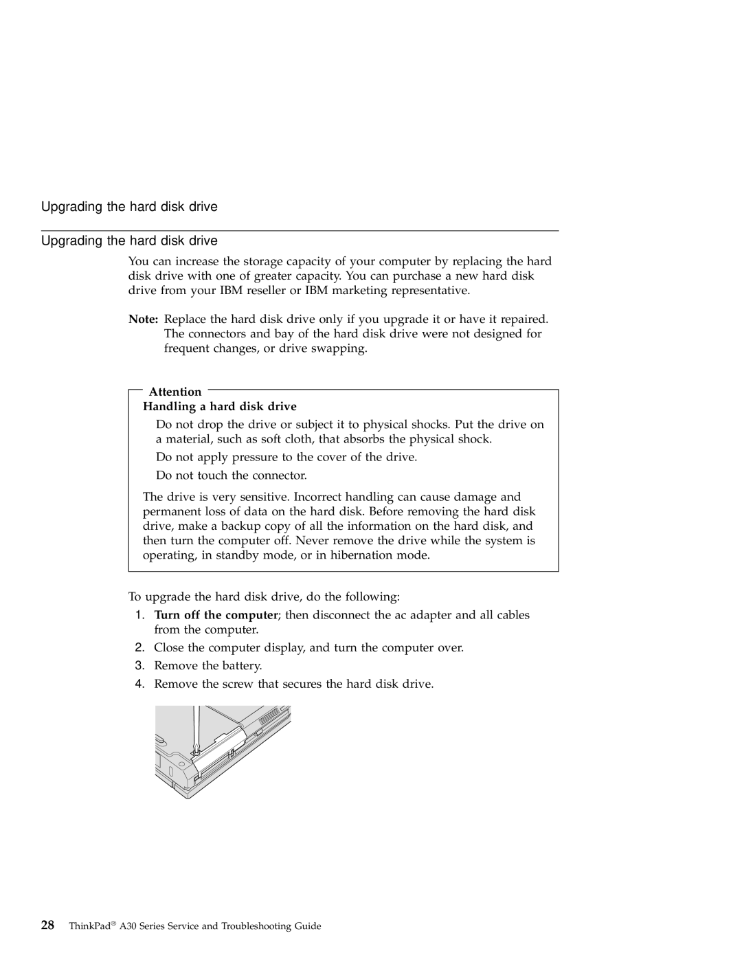 IBM A30 manual Upgrading the hard disk drive, Handling a hard disk drive 