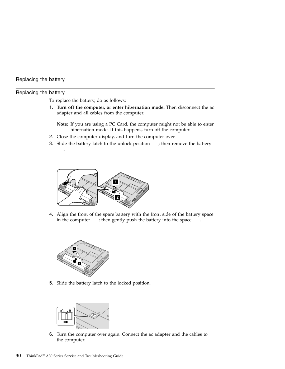 IBM A30 manual Replacing the battery 