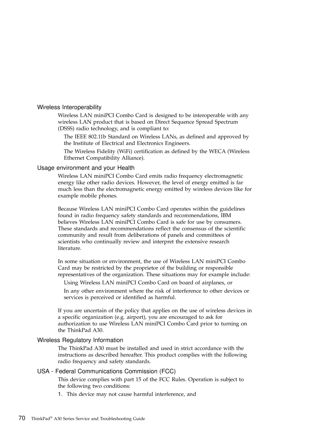 IBM A30 manual Wireless Interoperability, Usage environment and your Health, Wireless Regulatory Information 