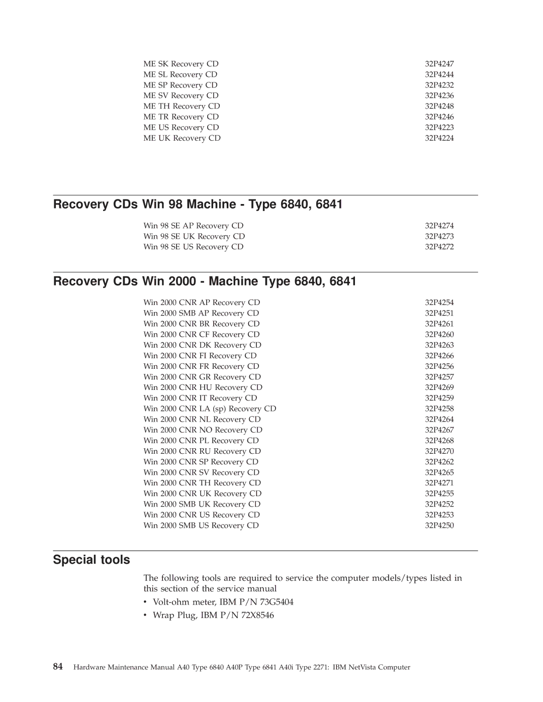 IBM A40I TYPE 2271 manual Recovery CDs Win 98 Machine Type 6840, Recovery CDs Win 2000 Machine Type 6840, Special tools 