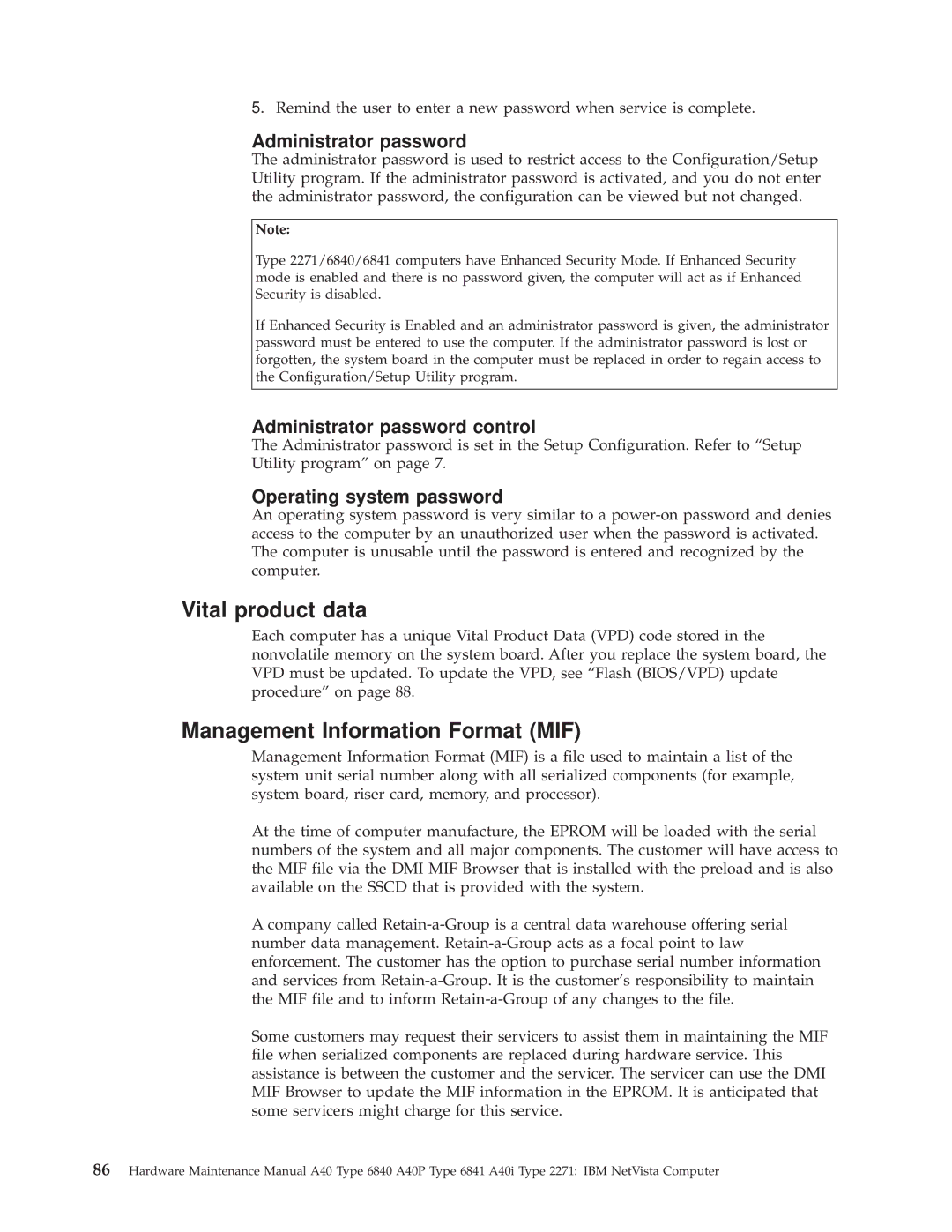 IBM A40 TYPE 6840, A40I TYPE 2271, A40P TYPE 6841 manual Vital product data, Management Information Format MIF 