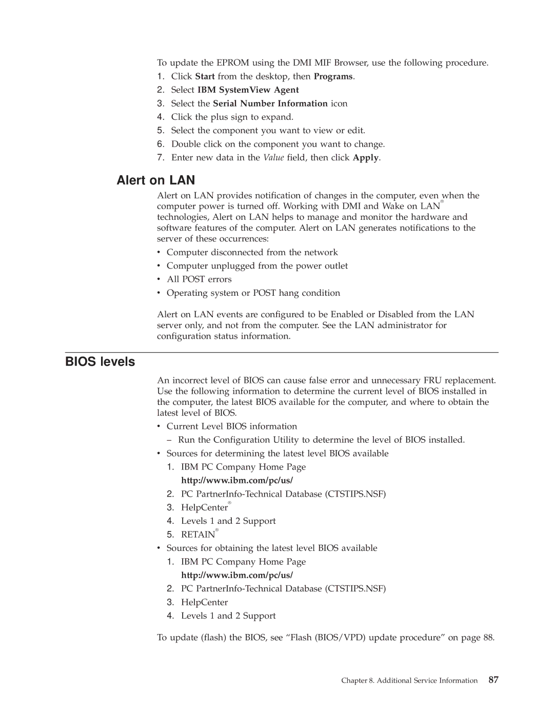 IBM A40I TYPE 2271, A40P TYPE 6841, A40 TYPE 6840 manual Alert on LAN, Bios levels 