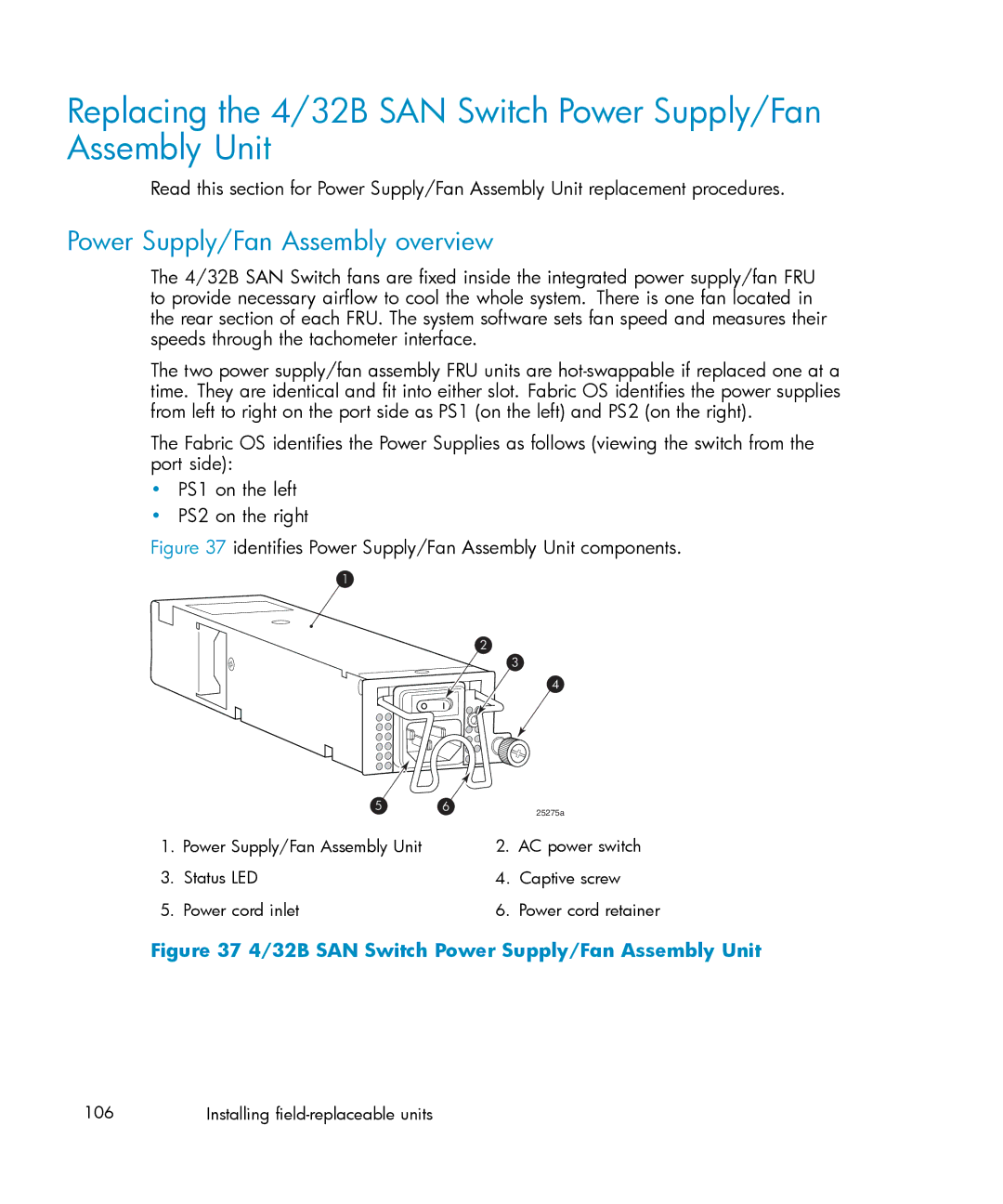 IBM AA-RWF3A-TE manual Power Supply/Fan Assembly overview, Identifies Power Supply/Fan Assembly Unit components 