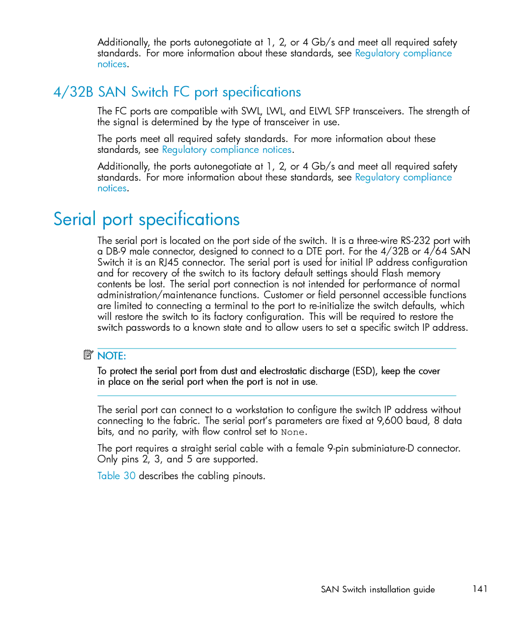 IBM AA-RWF3A-TE manual Serial port specifications, 32B SAN Switch FC port specifications 