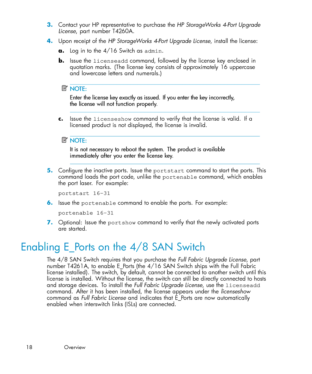 IBM AA-RWF3A-TE manual Enabling EPorts on the 4/8 SAN Switch, Portstart 