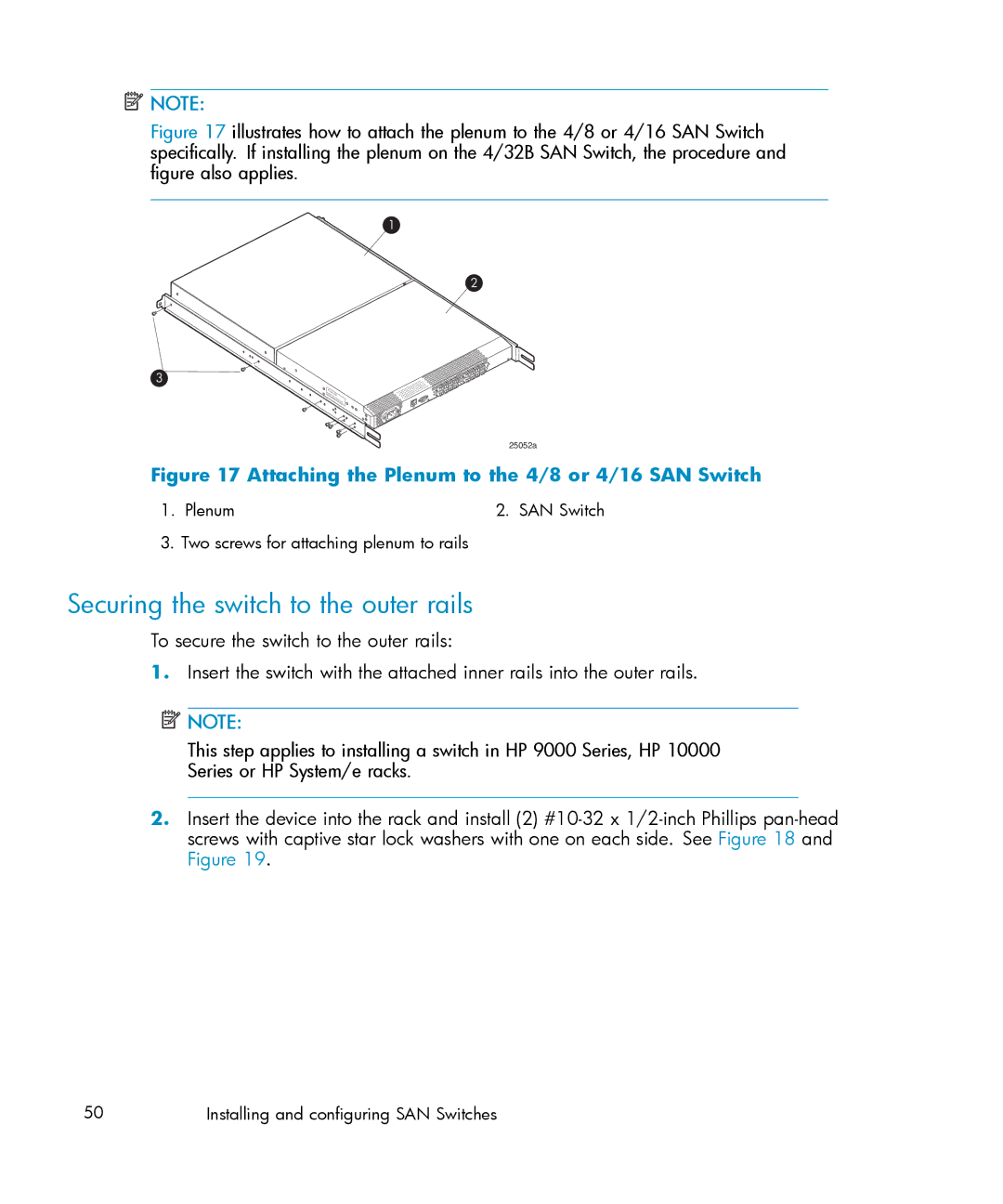 IBM AA-RWF3A-TE manual Securing the switch to the outer rails, Attaching the Plenum to the 4/8 or 4/16 SAN Switch 