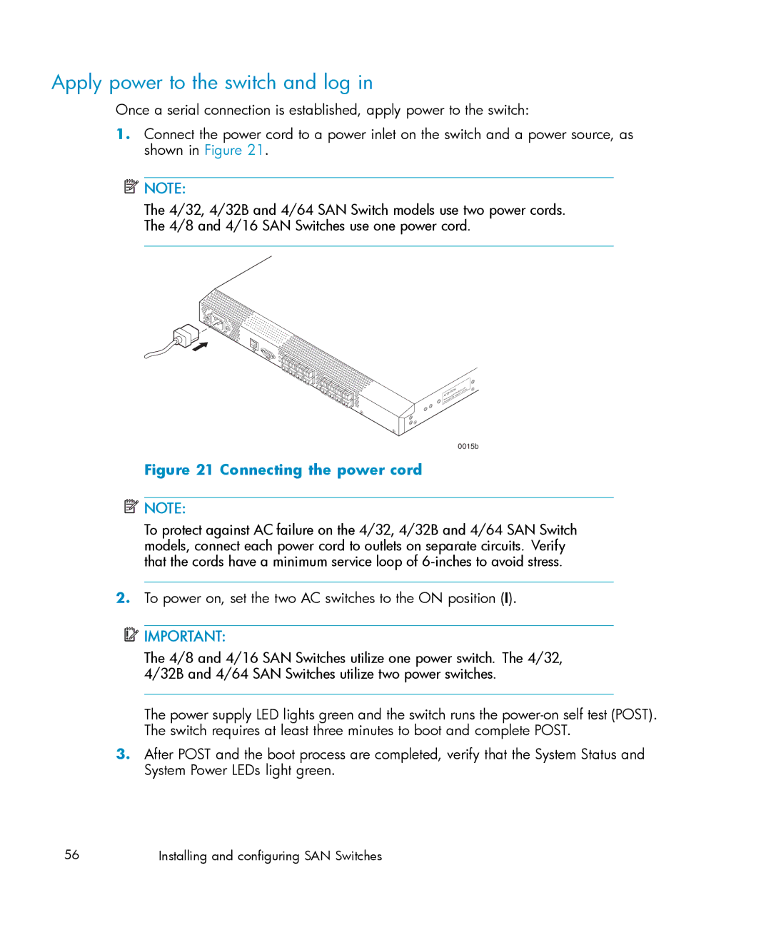 IBM AA-RWF3A-TE manual Apply power to the switch and log, Connecting the power cord 