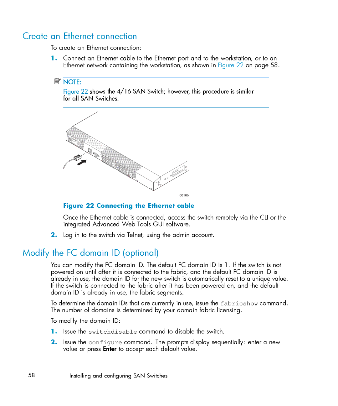 IBM AA-RWF3A-TE manual Create an Ethernet connection, Modify the FC domain ID optional 