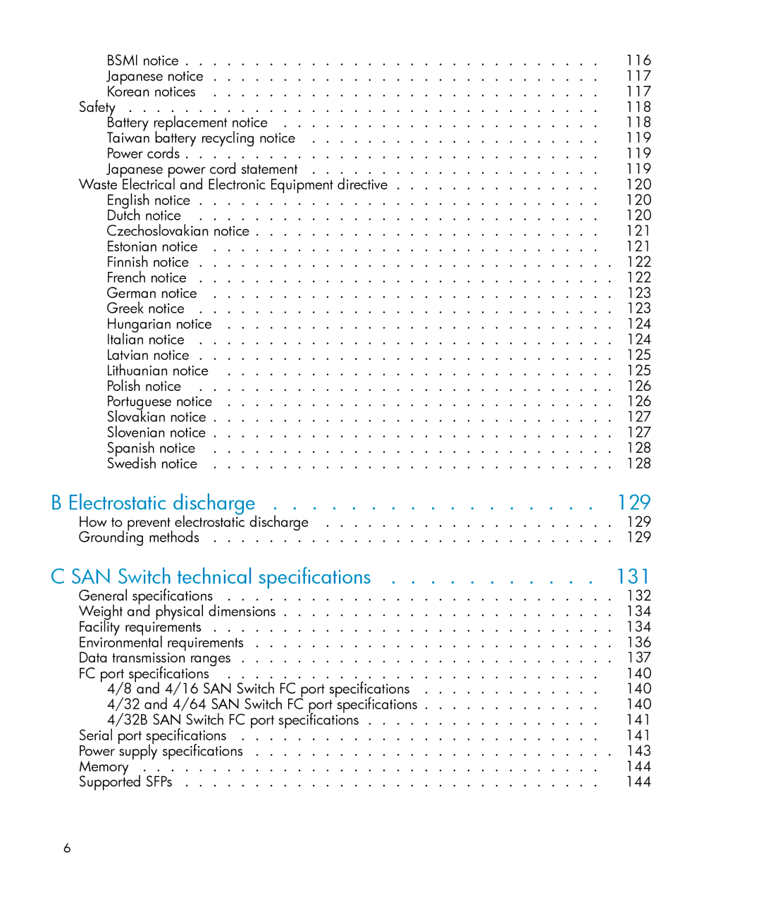 IBM AA-RWF3A-TE manual Electrostatic discharge 129, SAN Switch technical specifications 131 