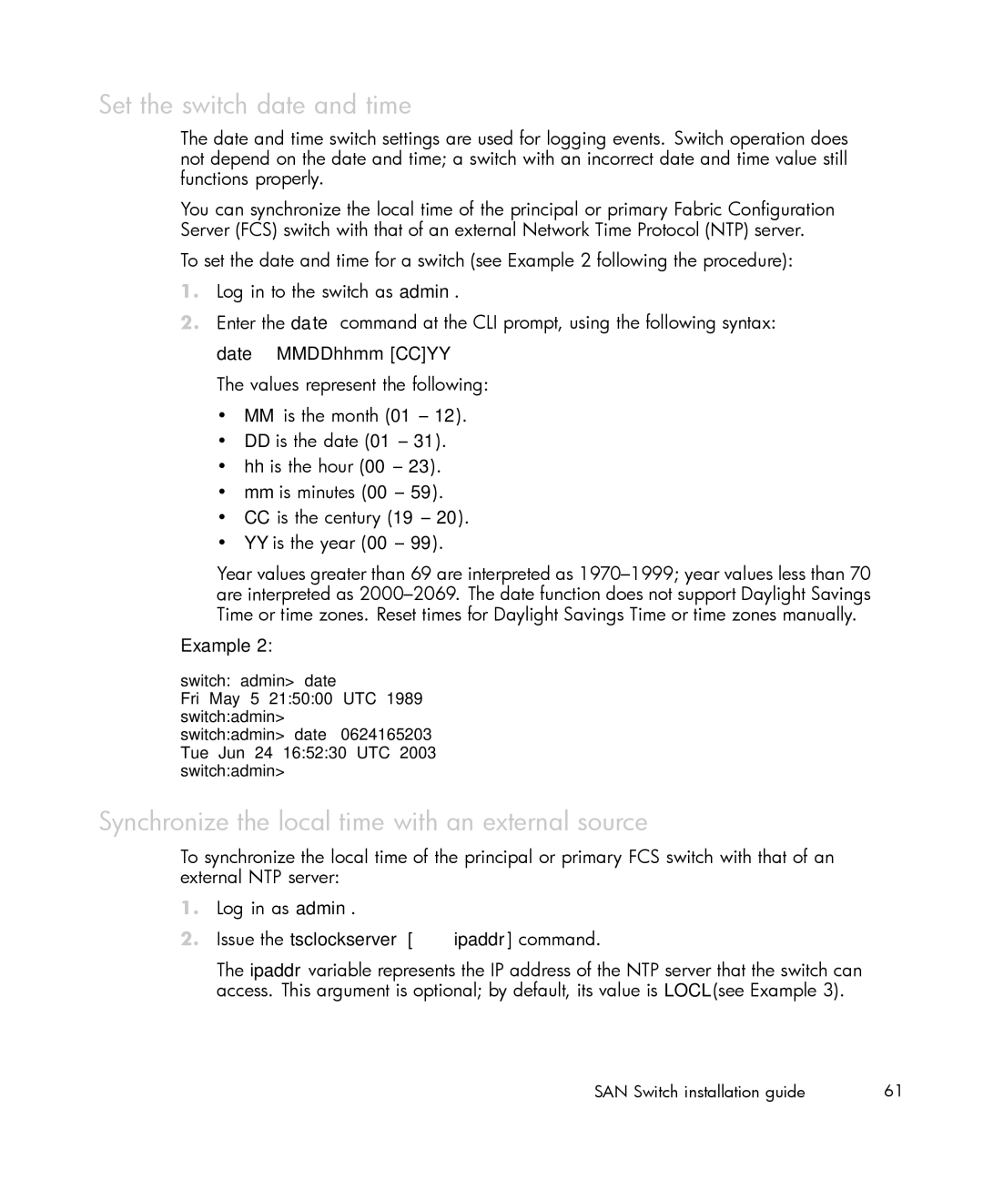 IBM AA-RWF3A-TE manual Set the switch date and time, Synchronize the local time with an external source 