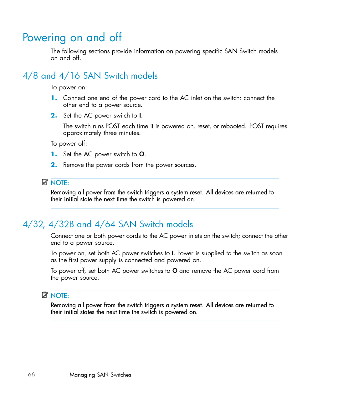 IBM AA-RWF3A-TE manual Powering on and off, 4/16 SAN Switch models, 32, 4/32B and 4/64 SAN Switch models 