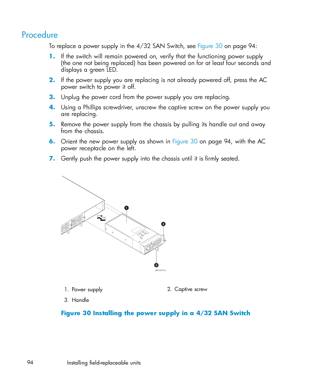 IBM AA-RWF3A-TE manual Procedure, Installing the power supply in a 4/32 SAN Switch 