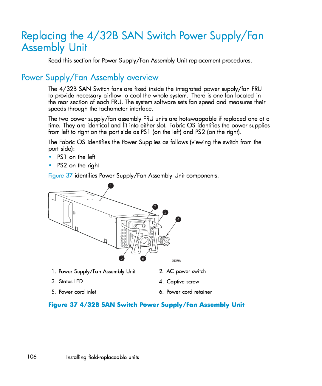 IBM AA-RWF3A-TE manual Replacing the 4/32B SAN Switch Power Supply/Fan Assembly Unit, Power Supply/Fan Assembly overview 
