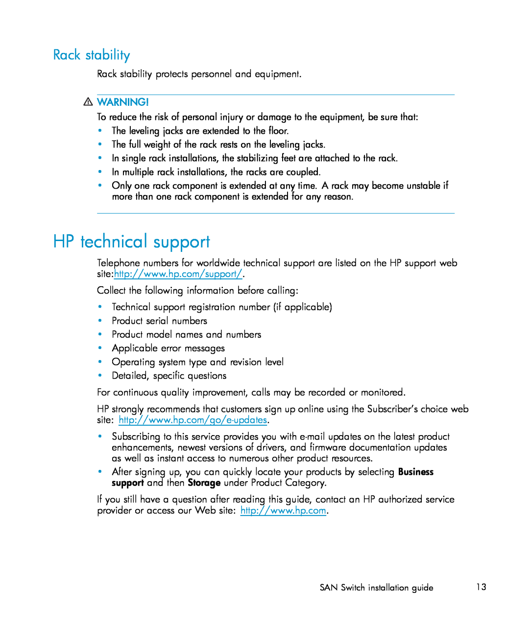 IBM AA-RWF3A-TE manual HP technical support, Rack stability 