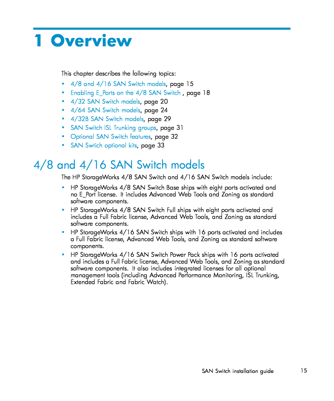 IBM AA-RWF3A-TE manual Overview, 4/8 and 4/16 SAN Switch models, page, Enabling EPorts on the 4/8 SAN Switch , page 