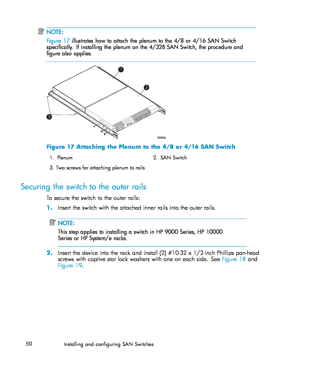 IBM AA-RWF3A-TE manual Securing the switch to the outer rails, Attaching the Plenum to the 4/8 or 4/16 SAN Switch 