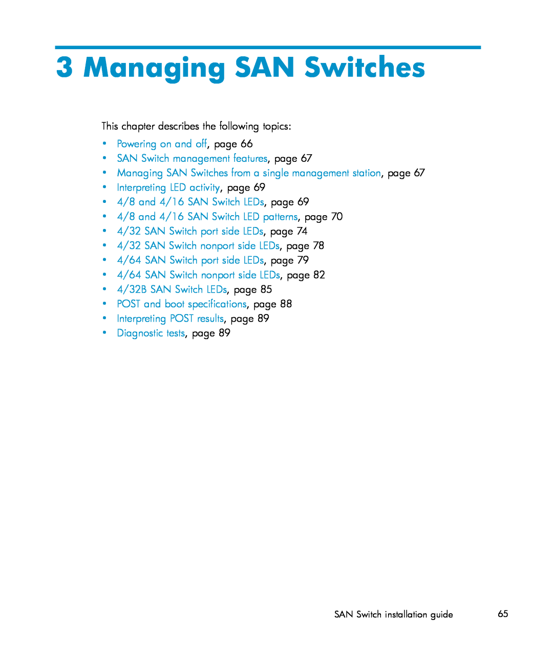 IBM AA-RWF3A-TE manual Managing SAN Switches, Powering on and off, page SAN Switch management features, page 