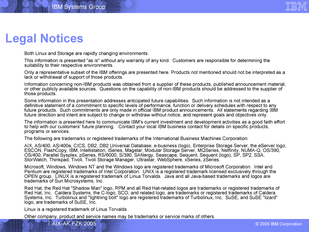 IBM AIX-AK FZK 2005 manual Legal Notices 