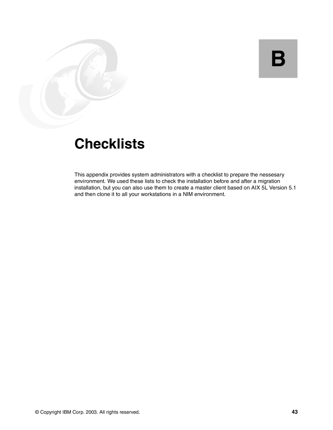 IBM AIX 4.3, AIX5L manual Appendix B. Checklists 