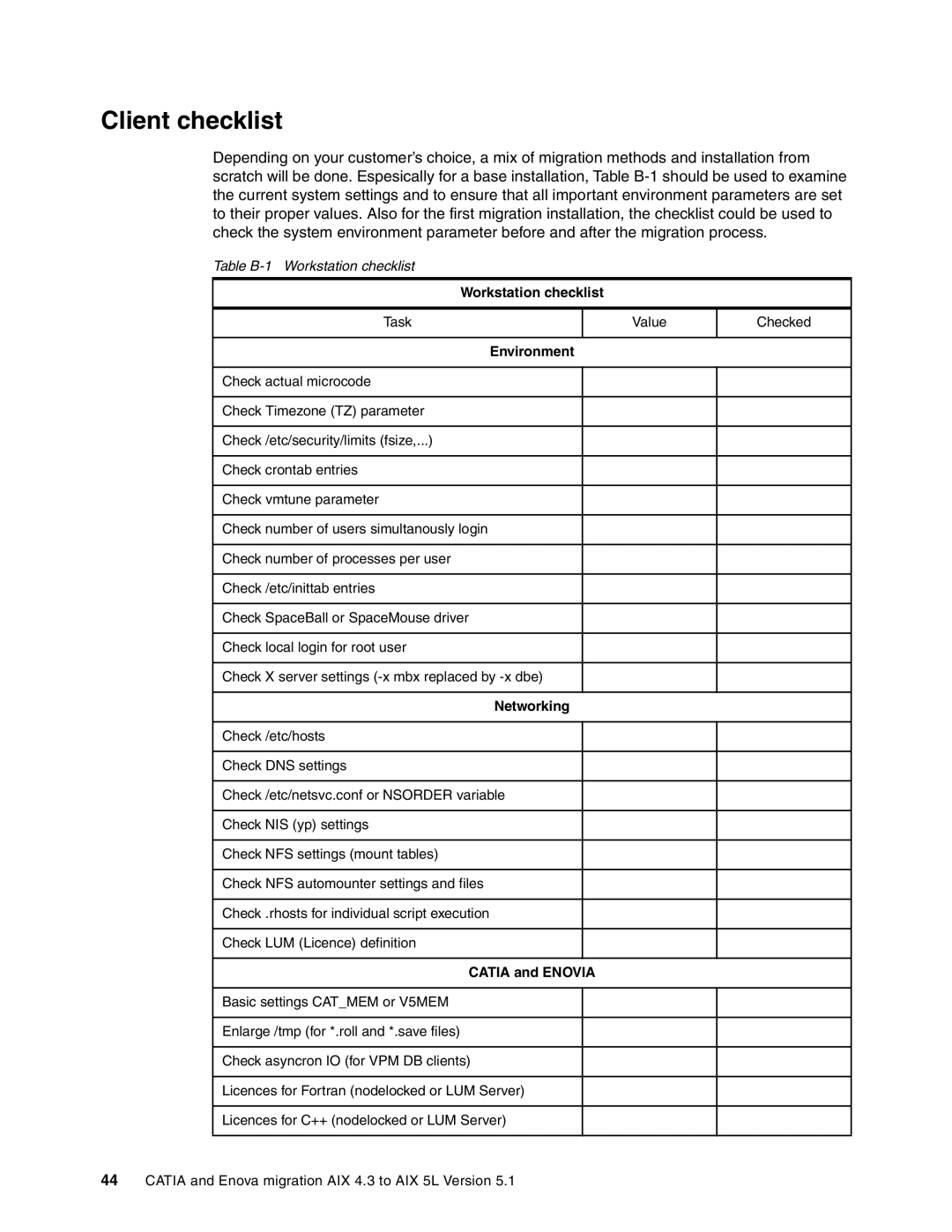 IBM AIX5L, AIX 4.3 manual Client checklist, Environment 