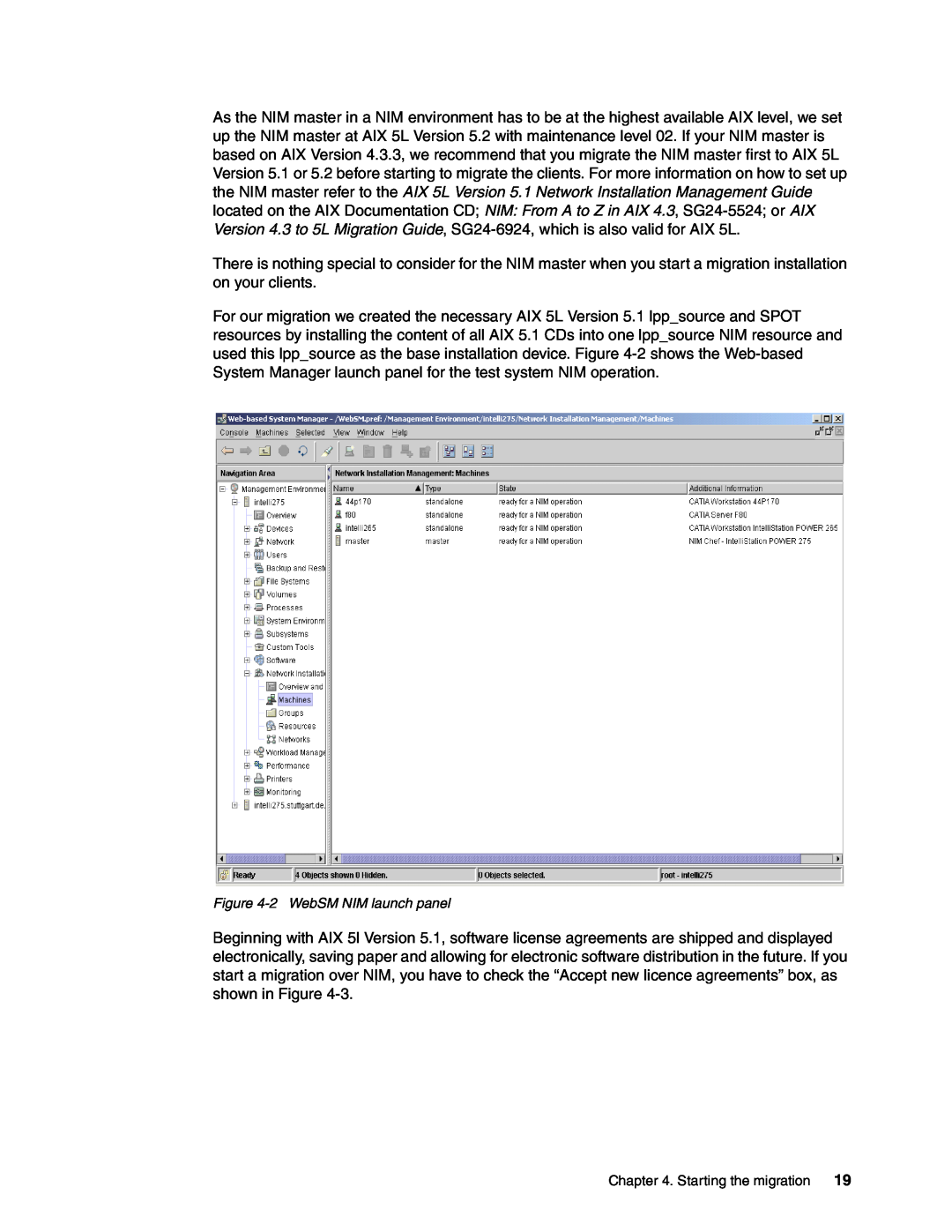 IBM AIX 4.3, AIX5L manual 2WebSM NIM launch panel, Starting the migration 