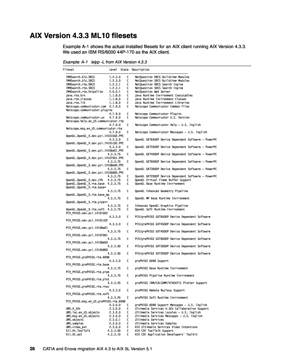 IBM AIX5L, AIX 4.3 manual AIX Version 4.3.3 ML10 filesets, Example A-1lslpp -Lfrom AIX Version 