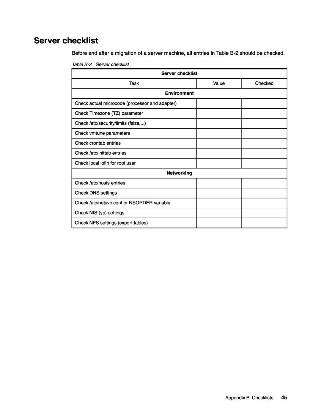 IBM AIX 4.3, AIX5L manual Table B-2Server checklist, Environment, Networking 