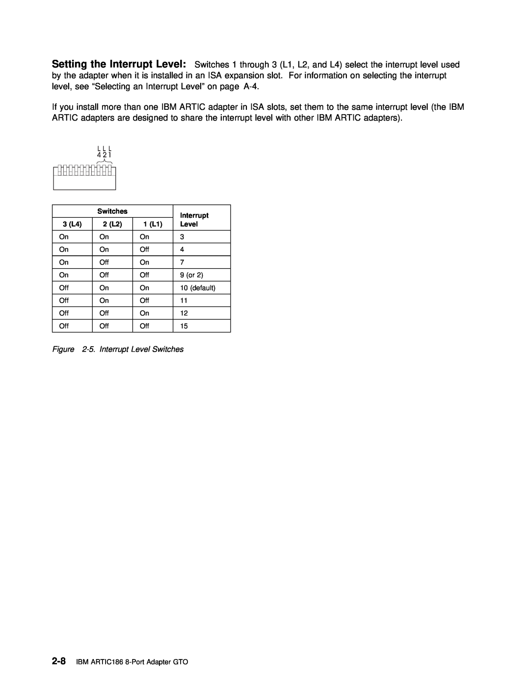 IBM ARTIC186 manual Setting, Interrupt Level 