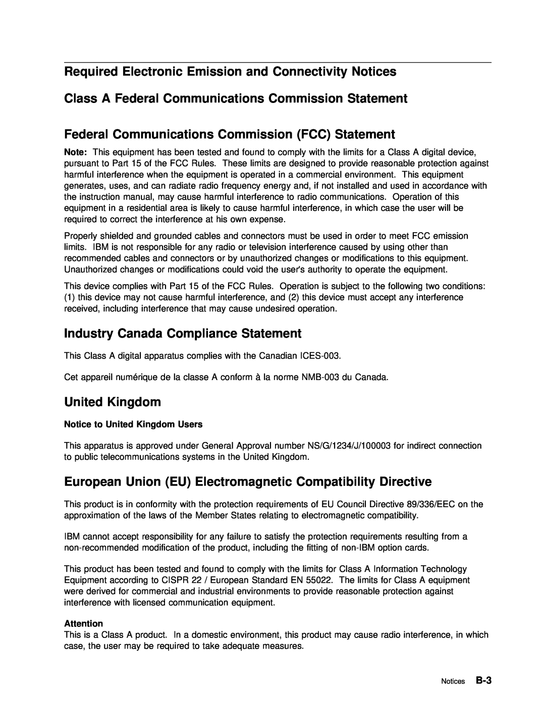 IBM ARTIC186 Connectivity Notices, FCC Statement, Industry Canada Compliance Statement, United Kingdom, Class, Federal 