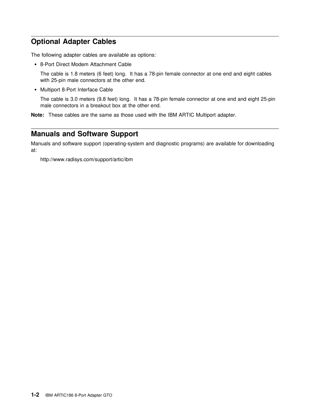 IBM ARTIC186 manual Optional Adapter Cables, Support, Manuals 