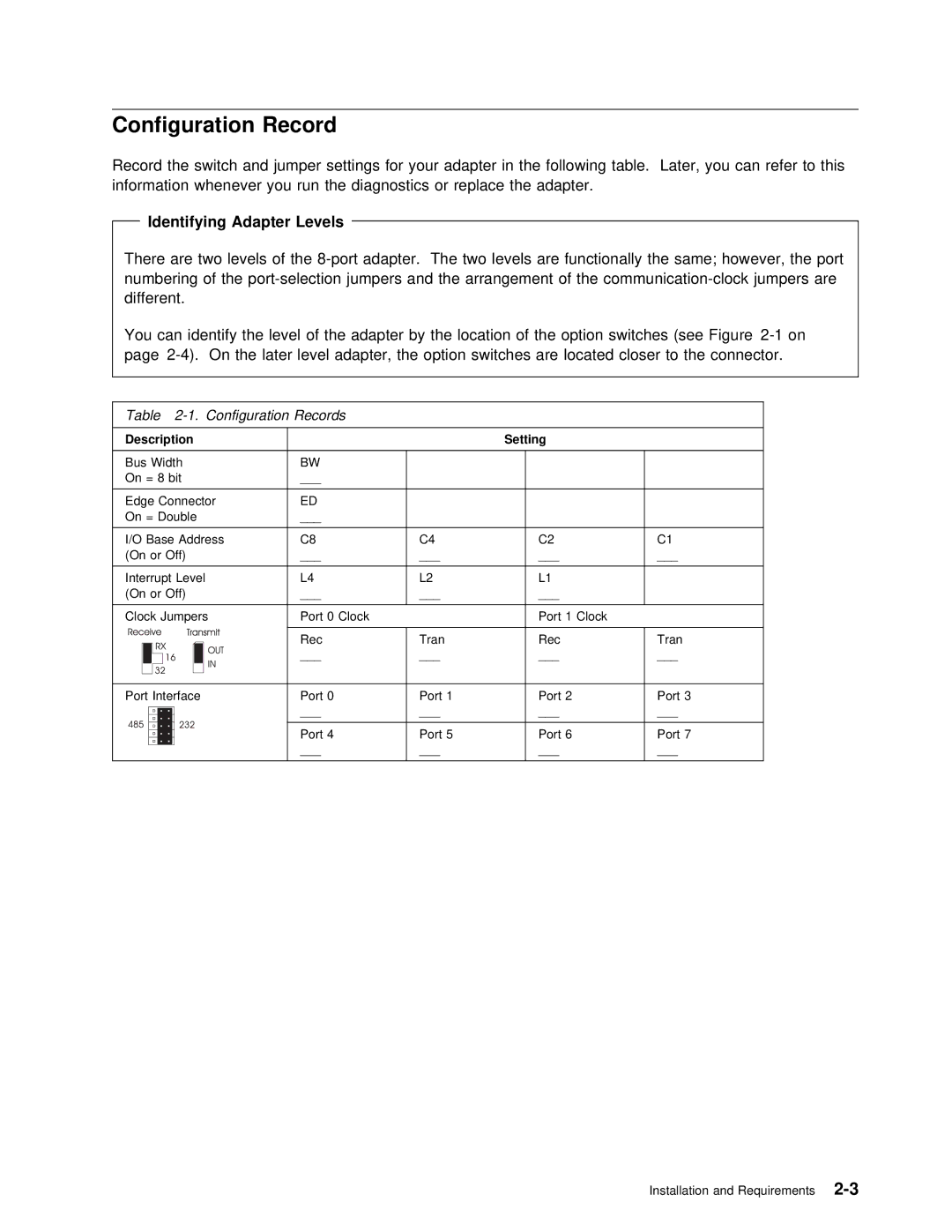 IBM ARTIC186 manual Configuration Record, Identifying Adapter Levels, Setting 