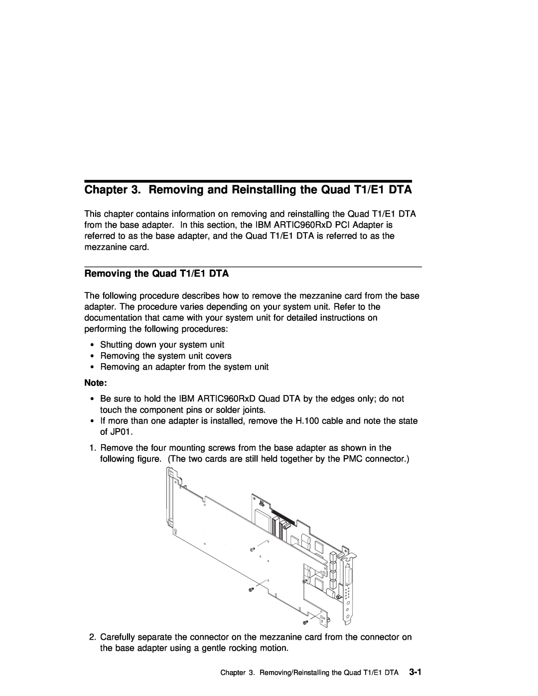IBM ARTIC960RxD manual Reinstalling the Quad T1/E1 DTA, Removing 