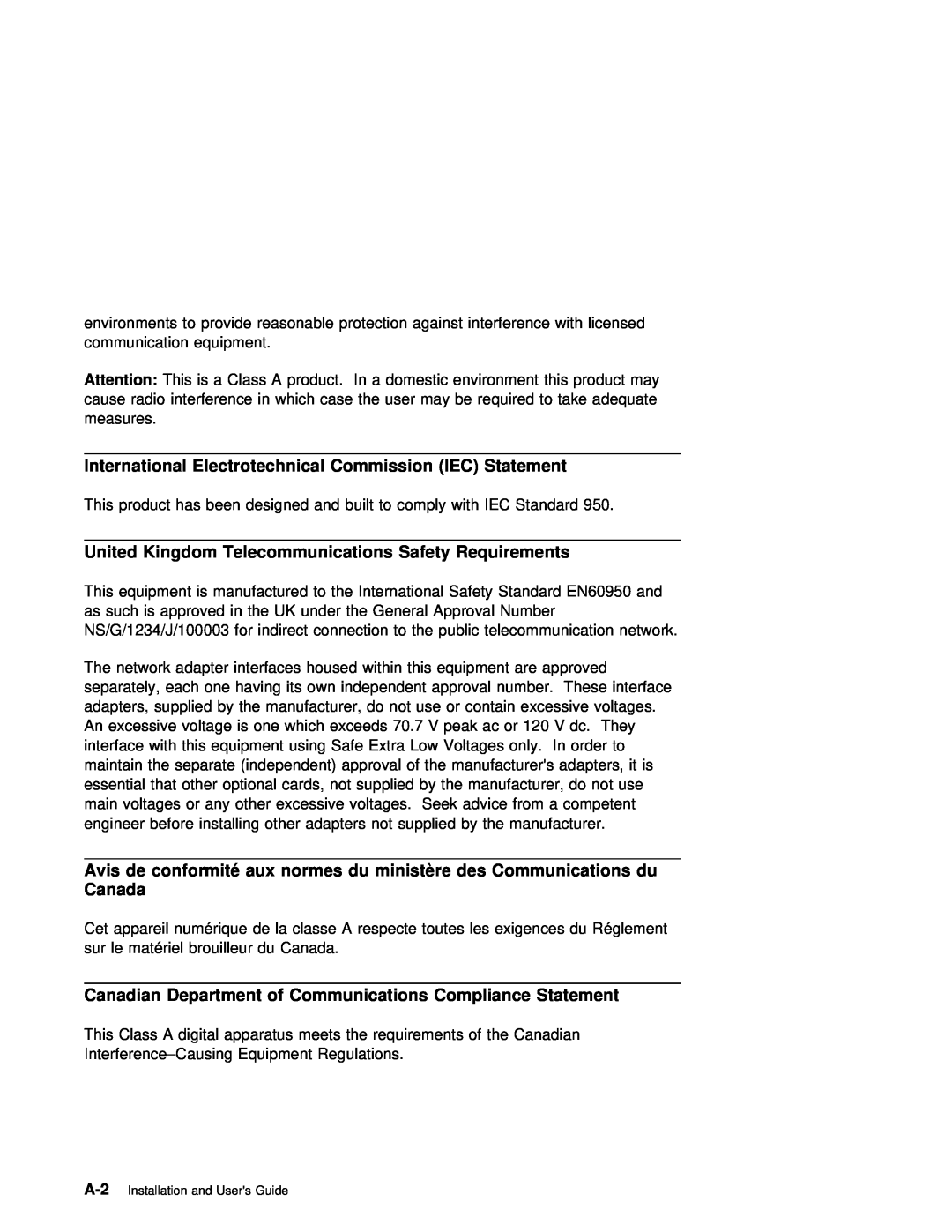 IBM ARTIC960RxD manual International Electrotechnical Commission IEC Statement, Safety Requirements, Avis, ministère des 