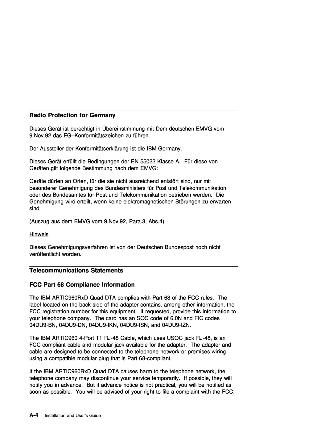 IBM ARTIC960RxD manual Radio Protection for Germany, Telecommunications Statements FCC Part 68 Compliance Information 