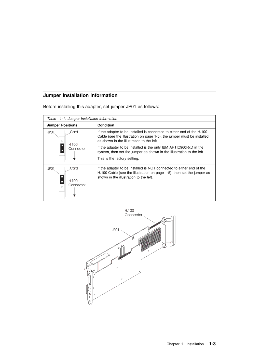 IBM ARTIC960RxD manual Jumper Installation Information, Before installing this adapter, set jumper JP01 as follows 