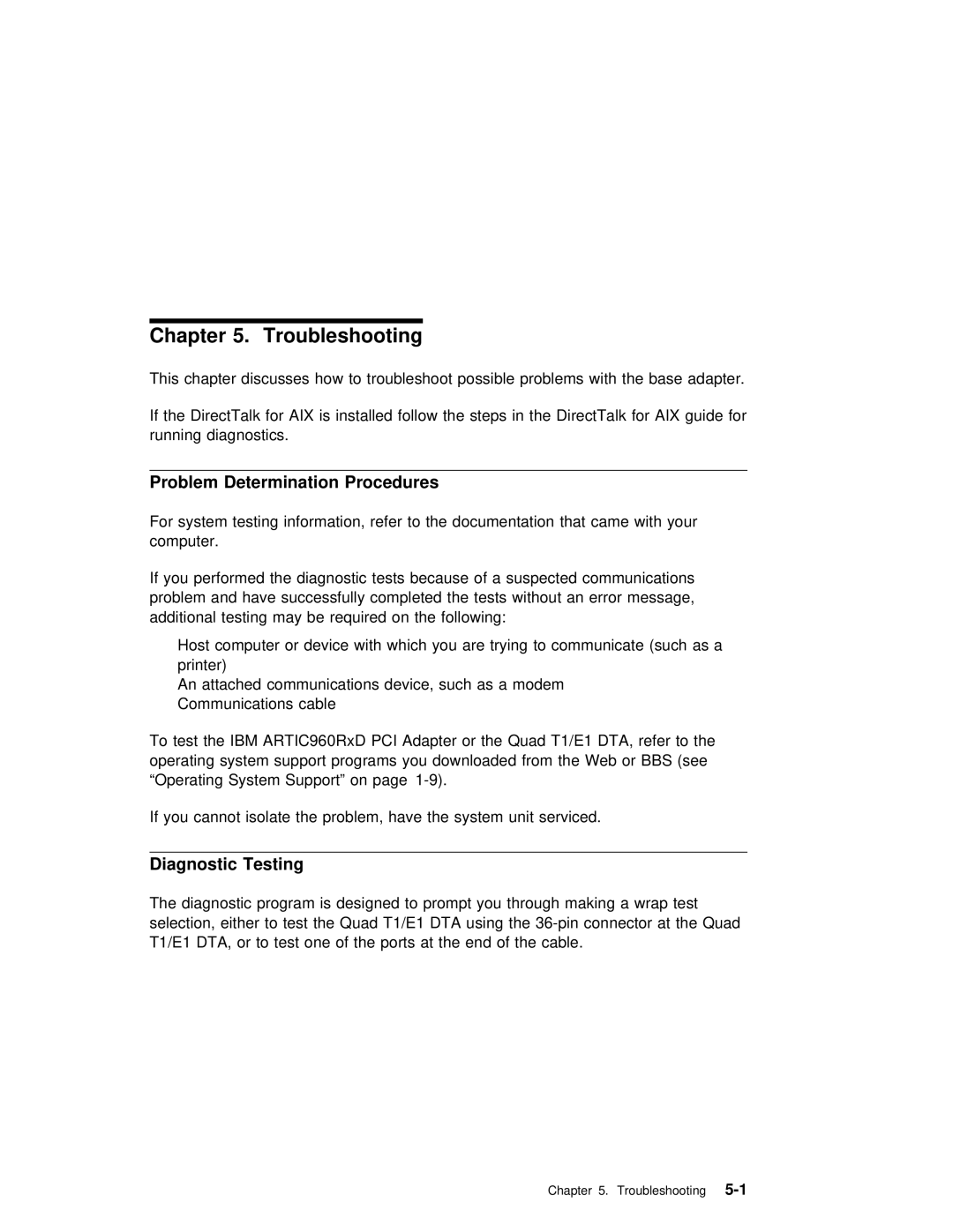 IBM ARTIC960RxD manual Troubleshooting, Problem Determination Procedures, Diagnostic Testing 