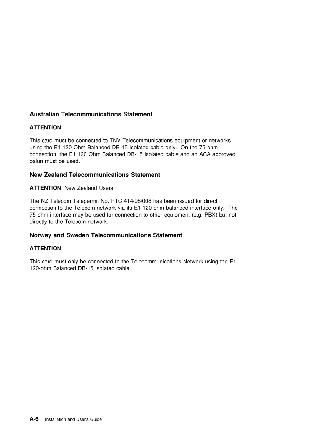 IBM ARTIC960RxD manual New Zealand Telecommunications Statement, Norway and Sweden Telecommunications Statement 