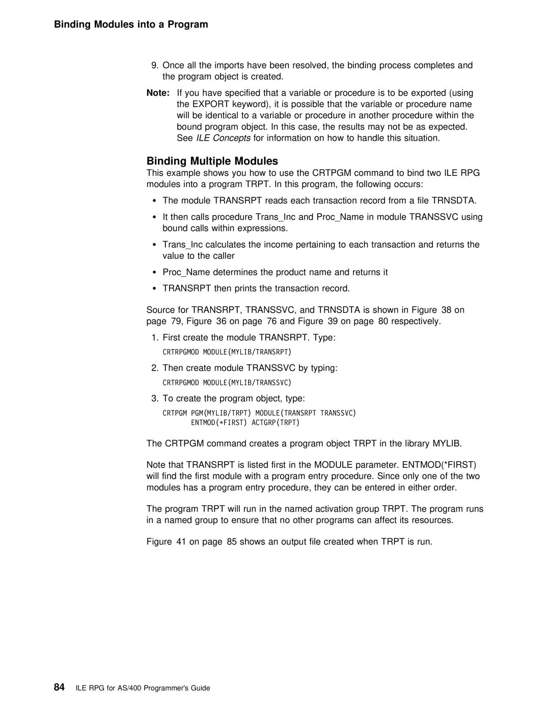 IBM AS/400 manual Export, Concepts for, Modules, Trpt, Mylib 