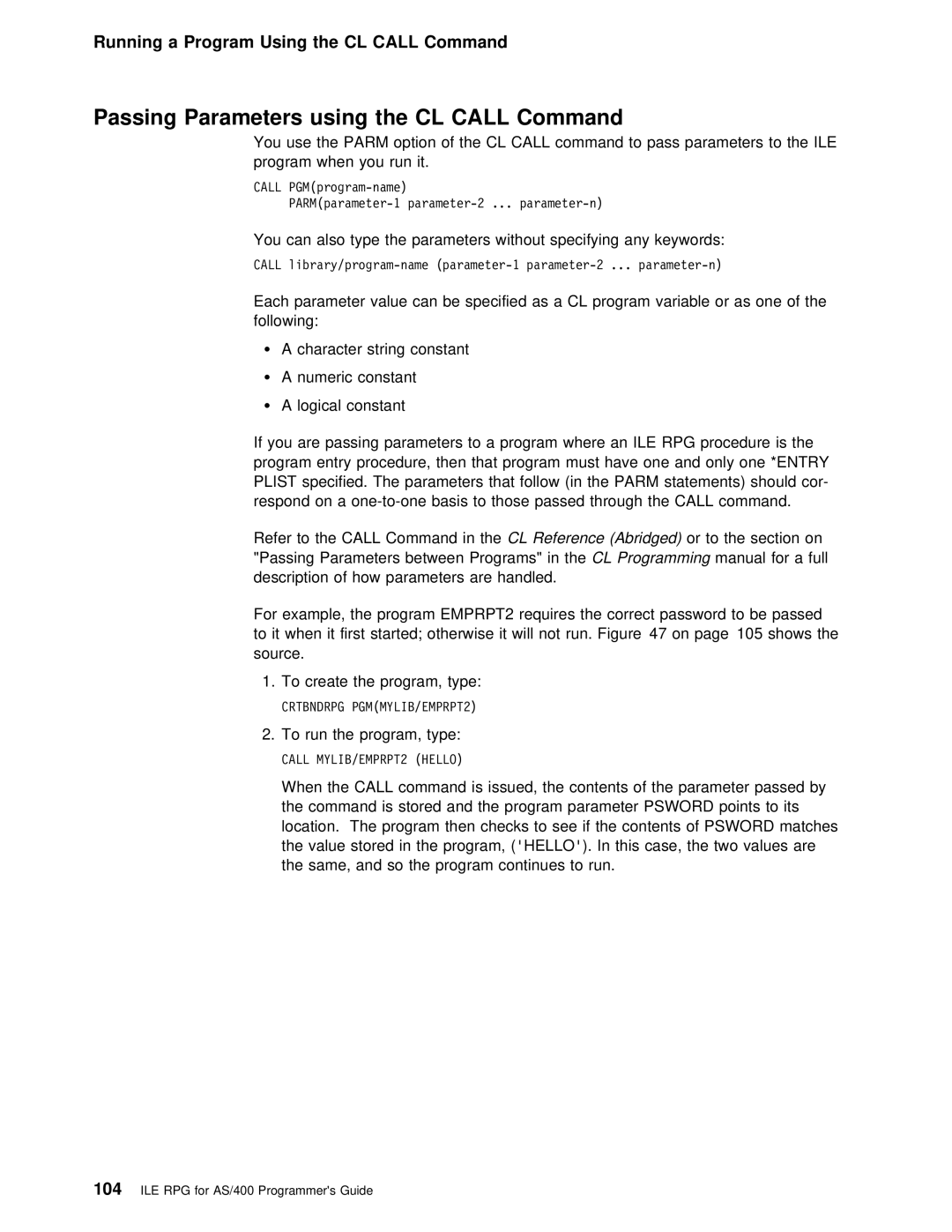 IBM AS/400 manual Passing Parameters using 