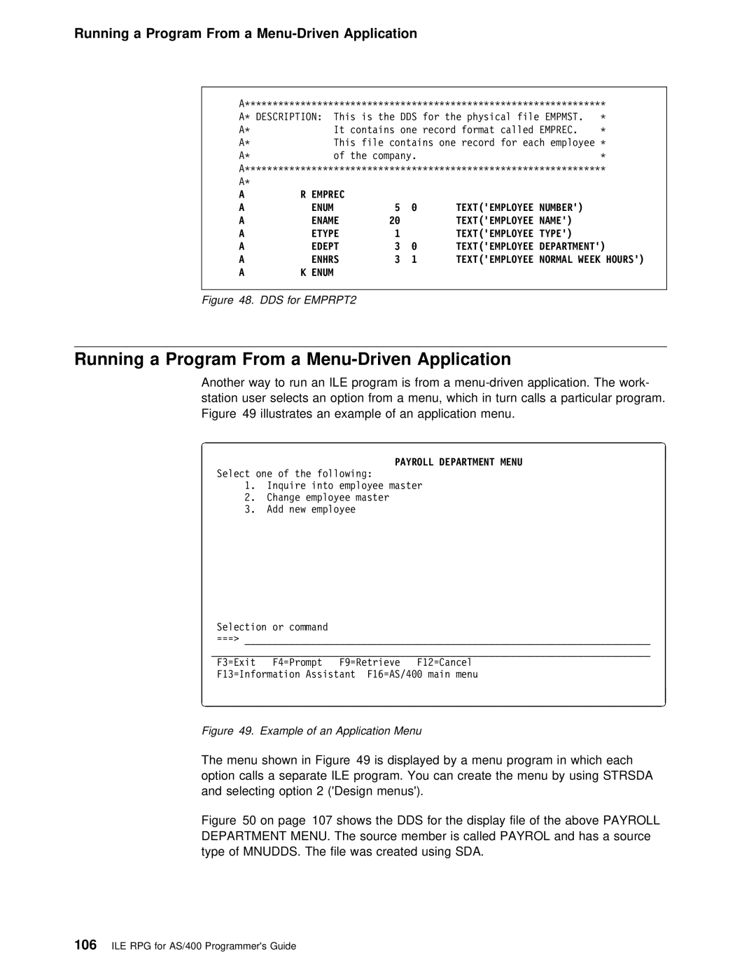 IBM AS/400 Running a Program From a Menu-Driven Application, Selecting Option Design menus, Payroll Department Menu 