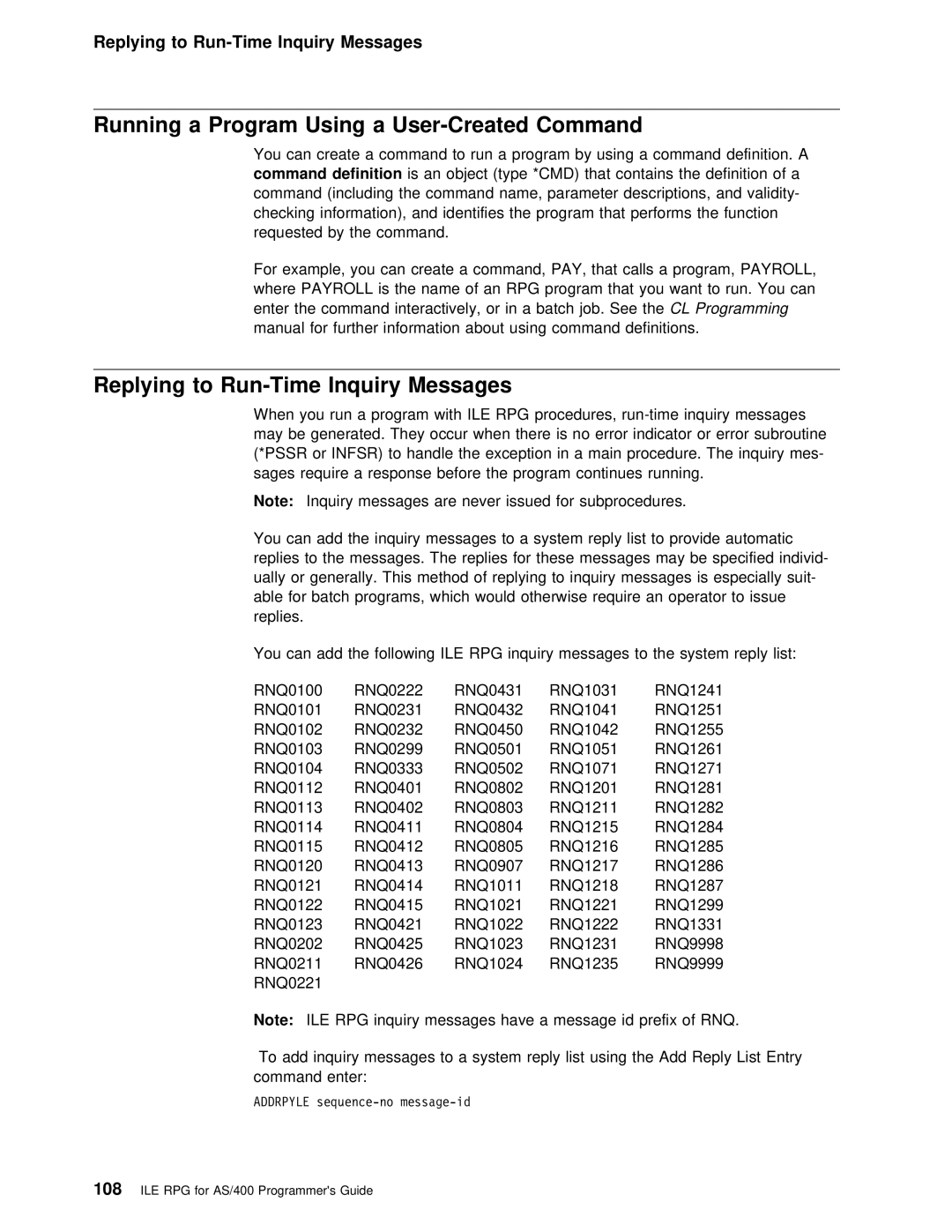 IBM AS/400 manual Command, Replying to Run-Time Inquiry Messages, Running a Program Using User-Created, Pay 