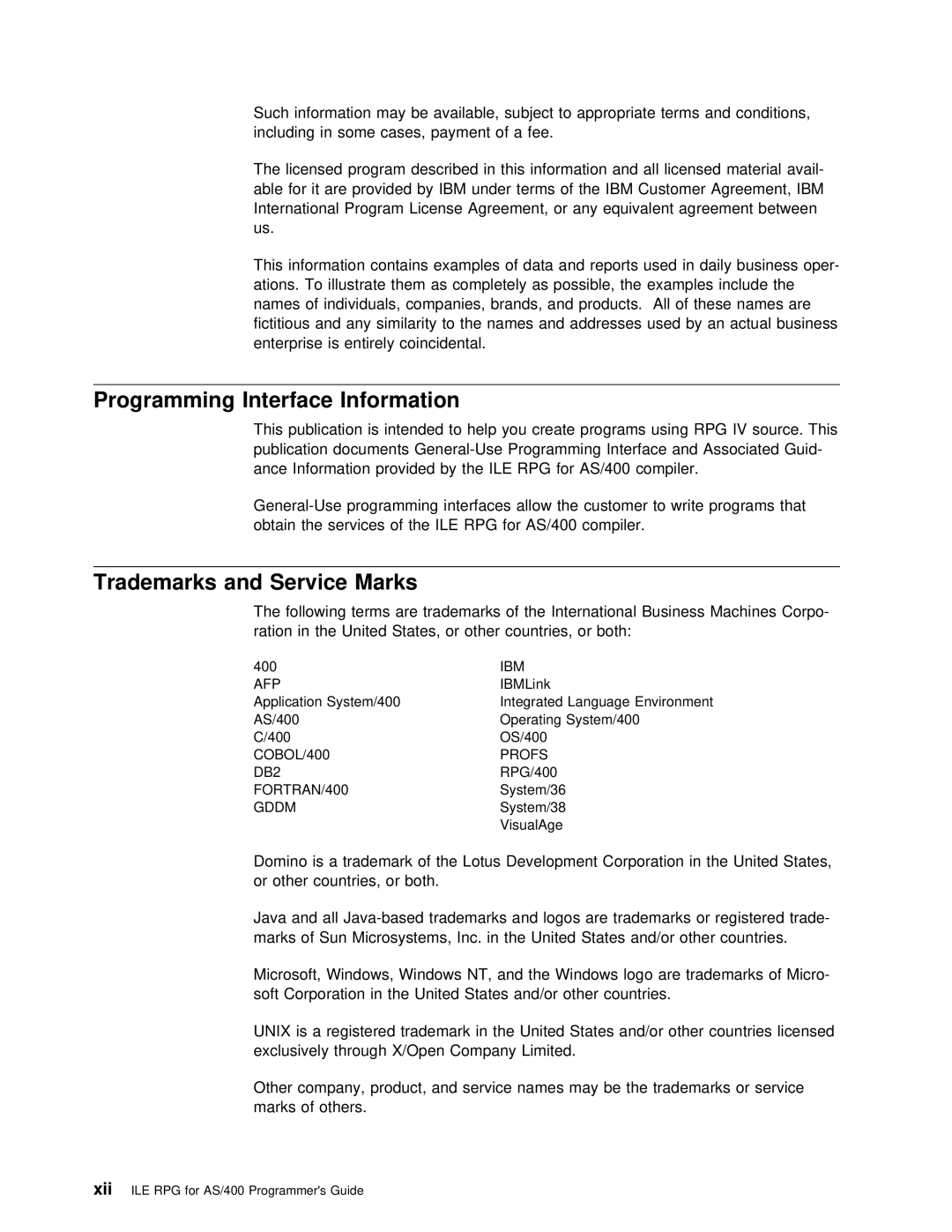 IBM AS/400 manual Programming Interface Information, Trademarks and Service, Trademarks Or se Marks Others 