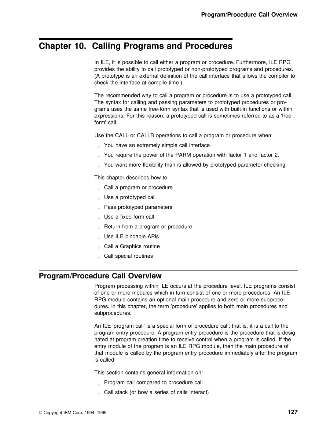 IBM AS/400 manual Calling Programs and Procedures, Program/Procedure Call Overview, 127 