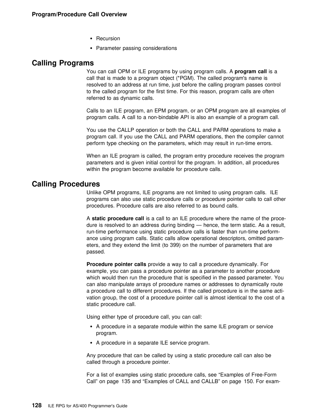 IBM AS/400 manual Calling Programs, Calling Procedures, Static 