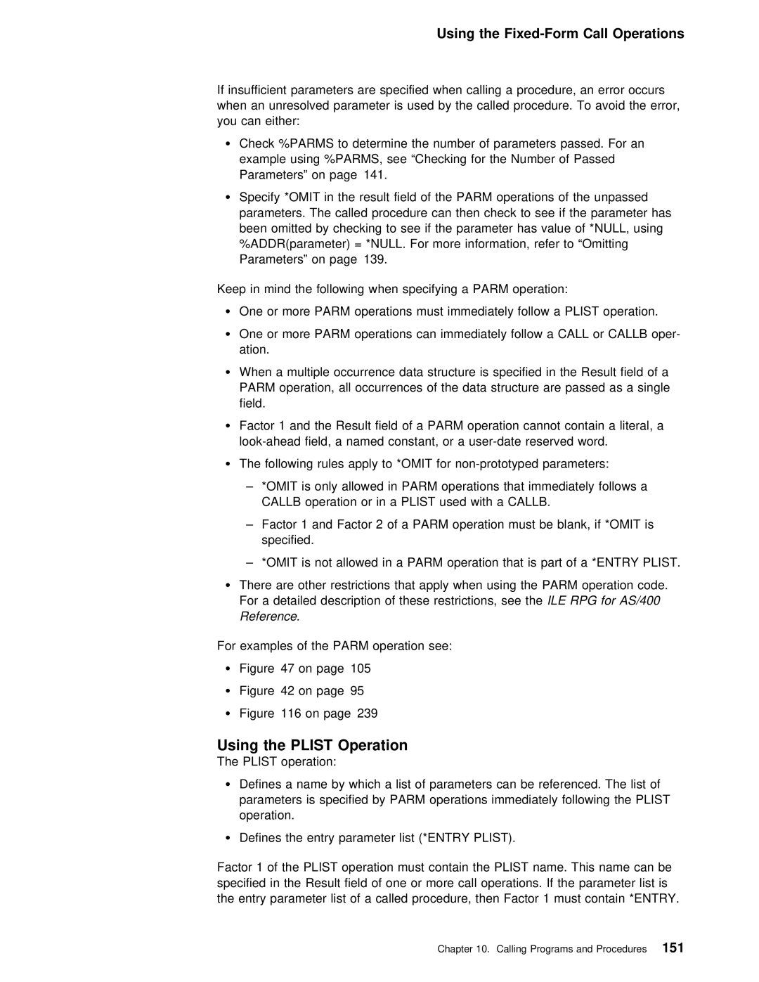 IBM AS/400 manual Using the Plist Operation, Fixed-Form Call Operations 