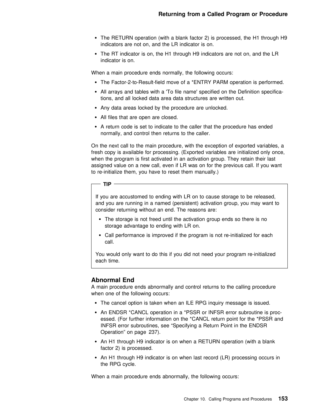 IBM AS/400 manual Abnormal End, Returning from a Called Program or Procedure, Entry Parm operation is perfor 