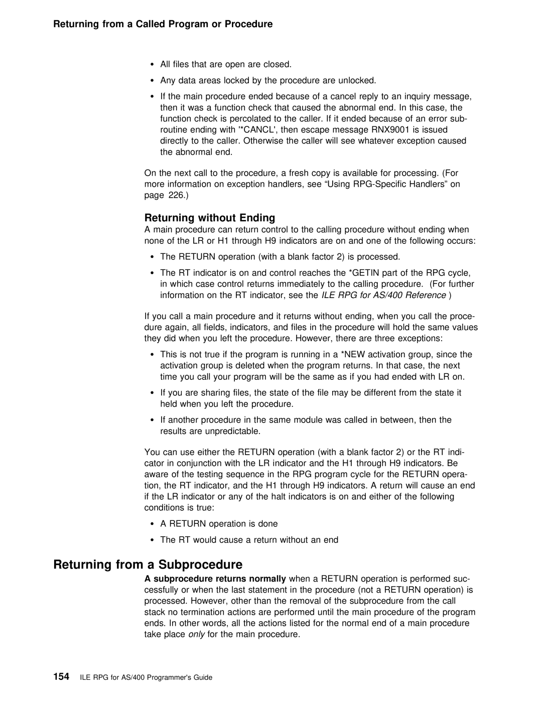 IBM manual Returning from a Subprocedure, Without, For the AS/400 Reference 